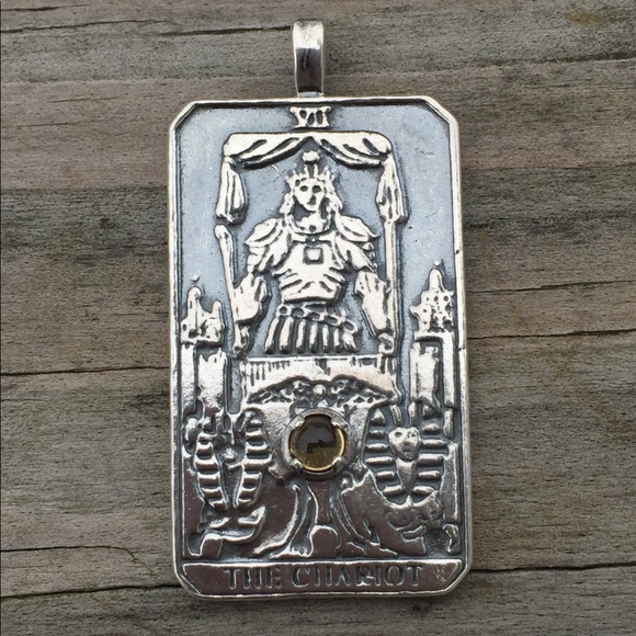 Chariot Tarot Card Pendant .925 Sterling Silver w/ genuine Citrine made in USA - Picture 3 of 9